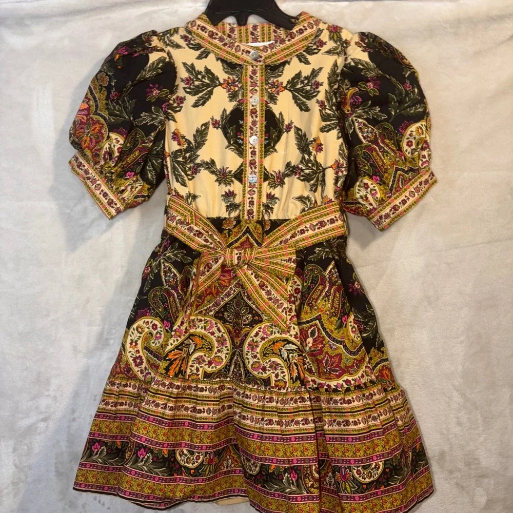 A Loves A Girls Paisley Print Cotton Puff Sleeve Belted Dress Tan Multi 6X
